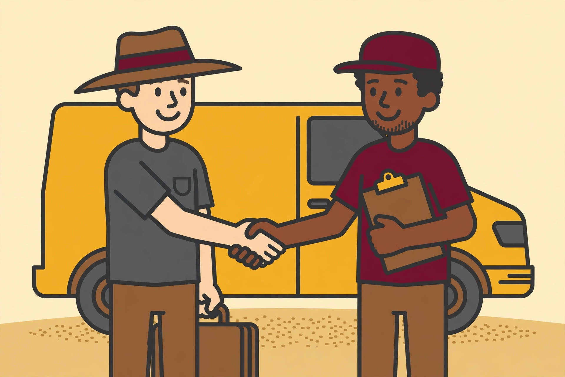 Cartoon illustration of two contractors shaking hands in front of a yellow work van, one handing a job over to the other