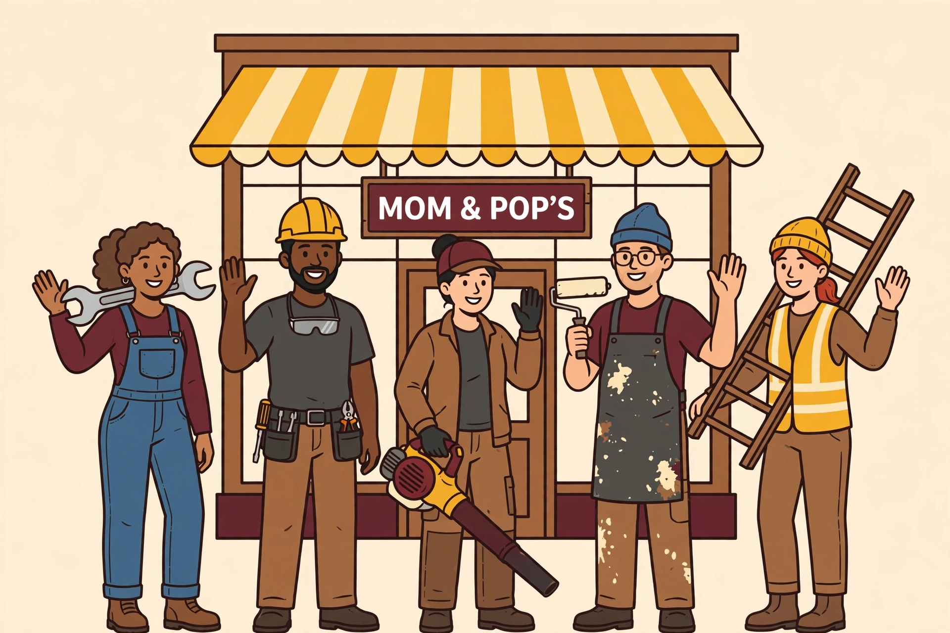 Cartoon illustration of a crew of five contractors from different trades standing in front of a small storefront with a sign that reads MOM & POP'S
