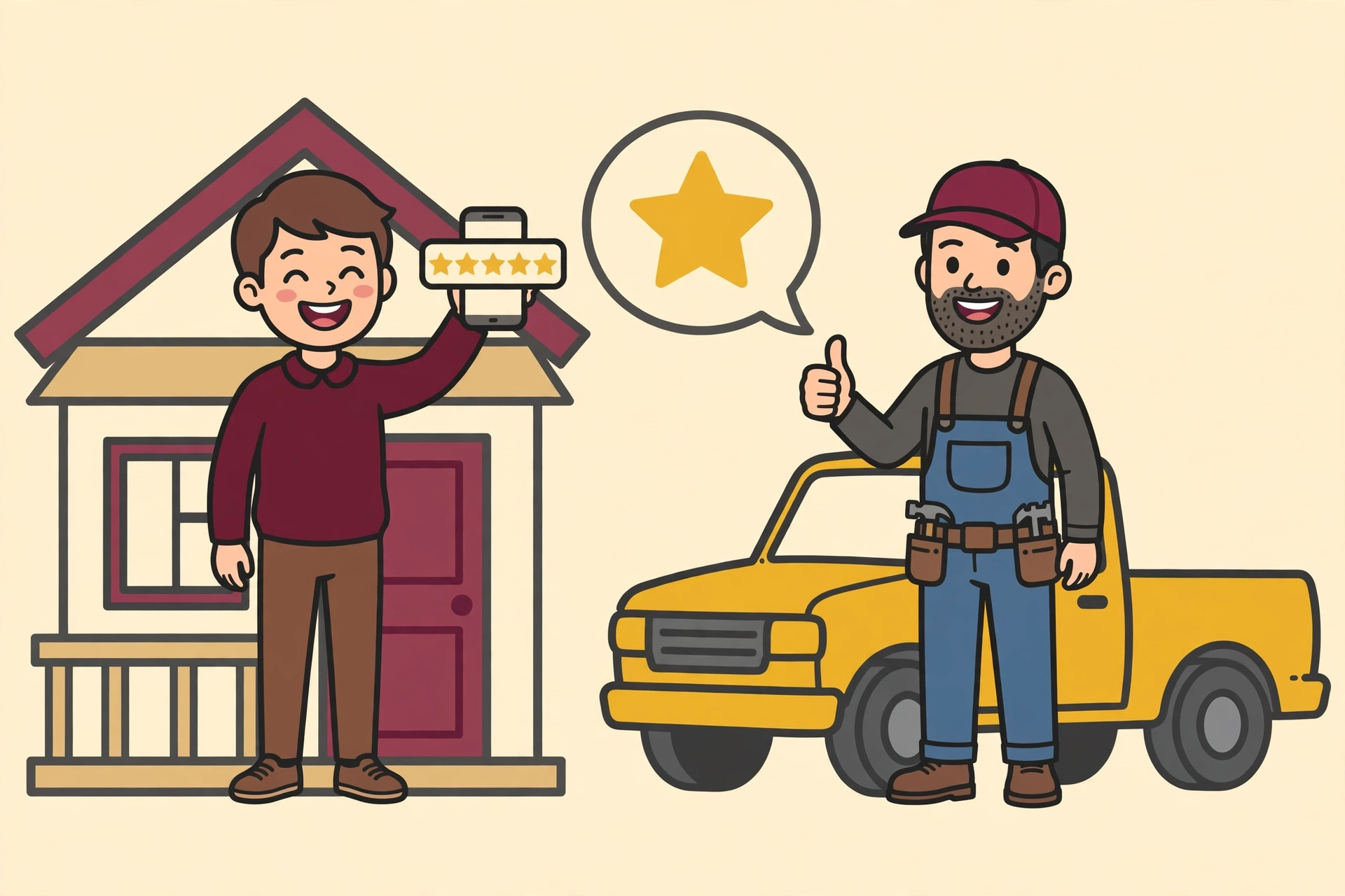 Cartoon illustration of a happy homeowner on their porch holding up a phone with a five-star review, while the contractor gives a thumbs up beside his truck